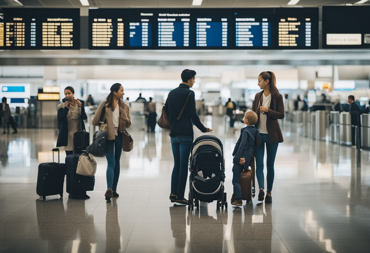 En familie med en baby venter i lufthavnen med bagage og en barnevogn, mens de tjekker deres boardingpas til en sidste-øjebliks flyvning.